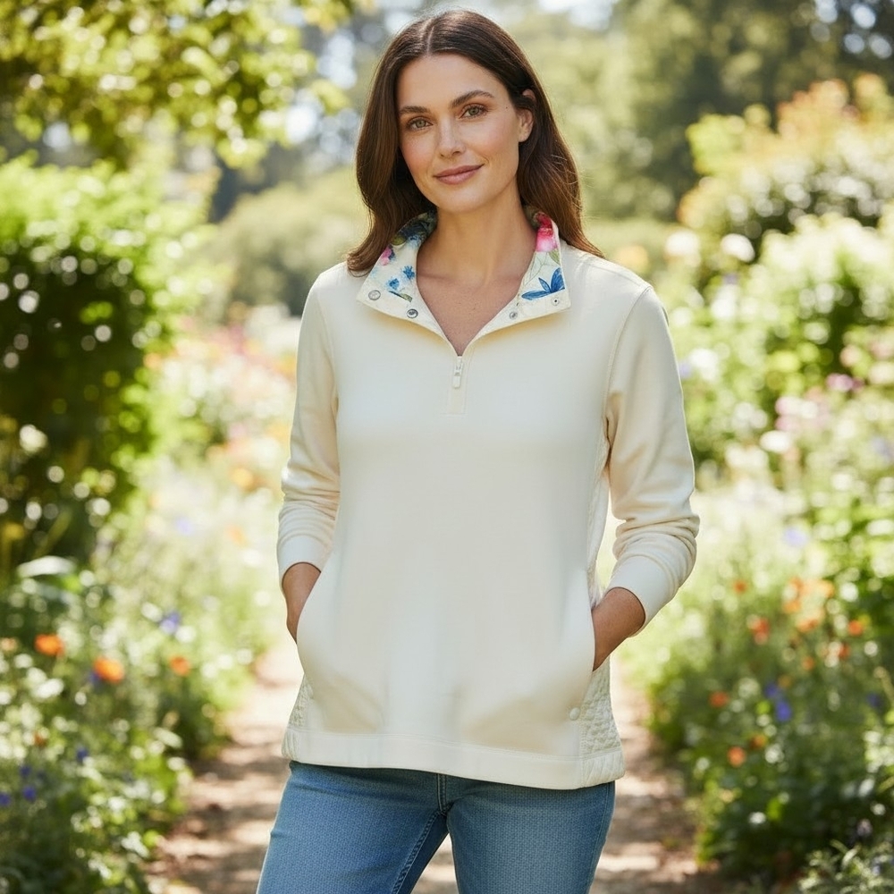 TOMMY BAHAMA | NWT Aruba Half Snap Cream Quilted Sweatshirt Floral Collar | XL